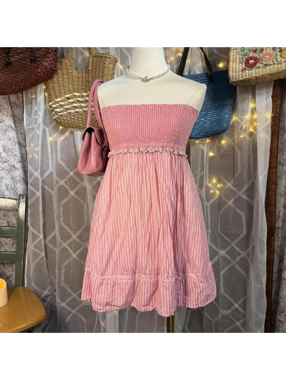 Vintage Victoria’s Secret Pink strapless smocked mini dress size S - Picture 2 of 8